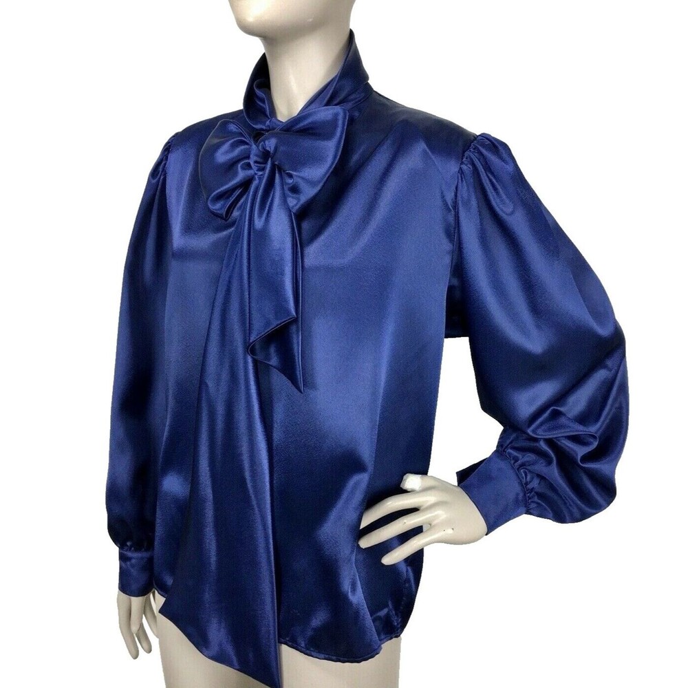 Vintage Jewel Tone Cobalt Satin Puff Poet Balloon Sleeve Neck-Tie Bow Blouse